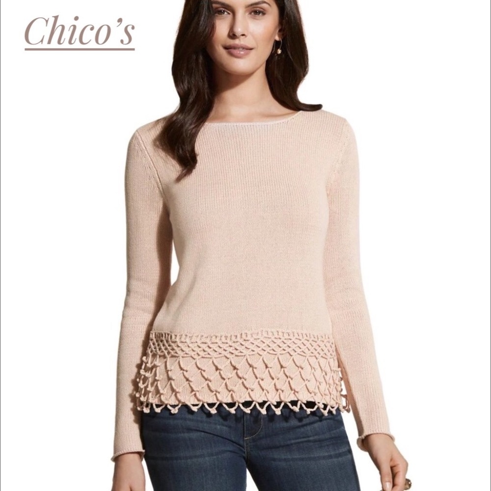 Chico’s Courtney Crochet Sweater Hem Detail Blush Peach New w/o Tags Size L NWOT
